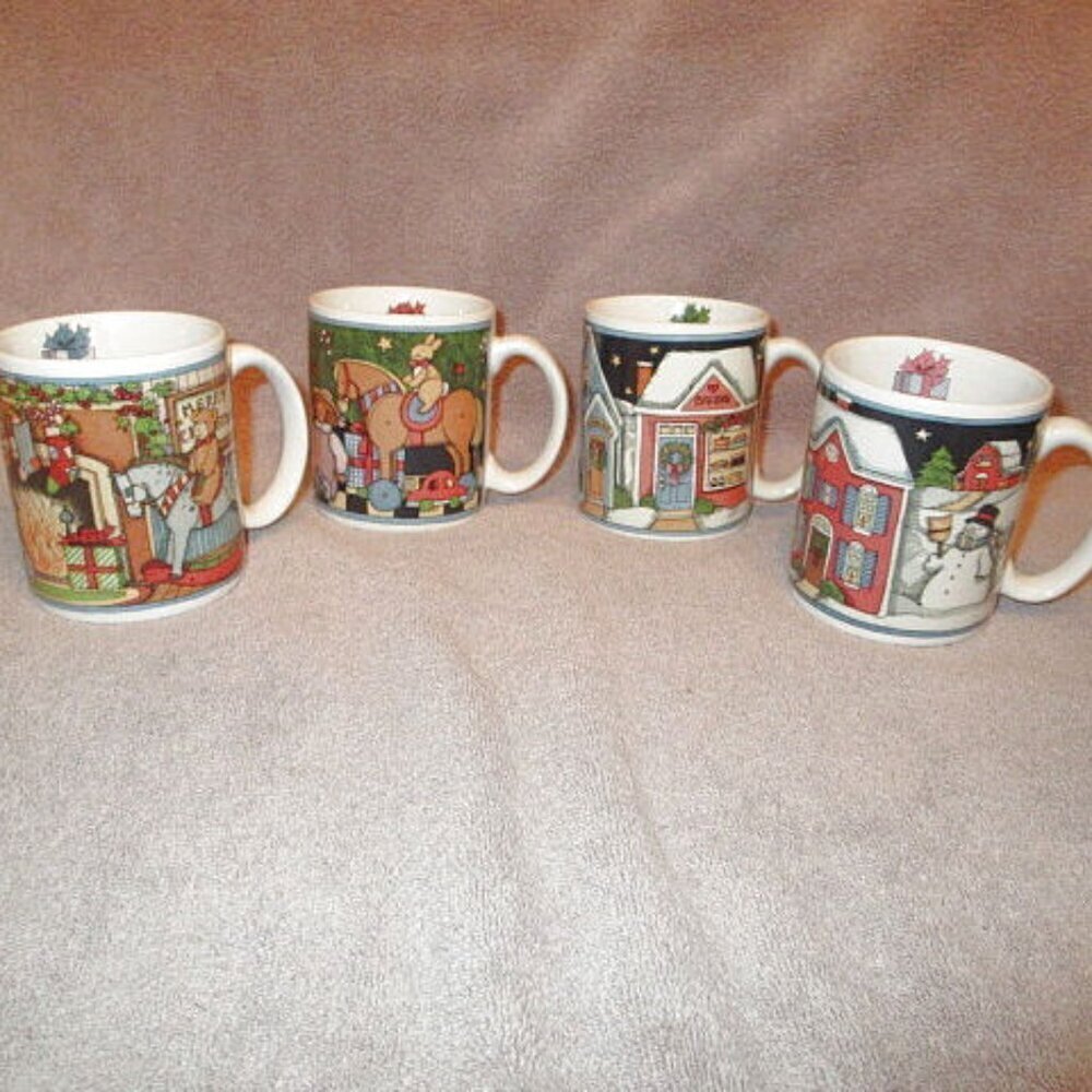 Vtg Christmas Nostalgia Holiday Mugs Susan Winget Set Of 4 Stoneware Horse NEW